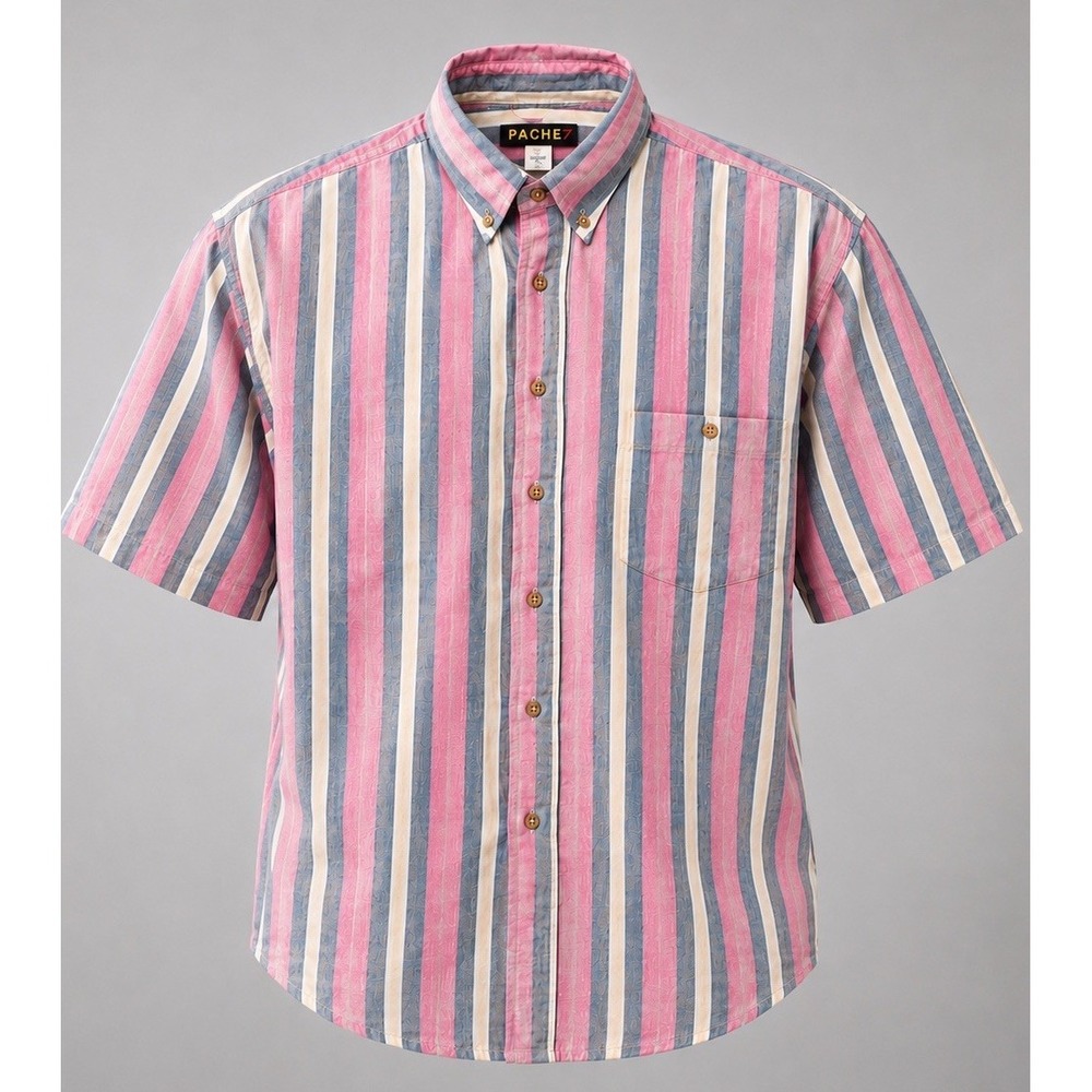 Vintage Pache Shirt Men's XL Striped Cotton Button Down Short Sleeve Hong Kong